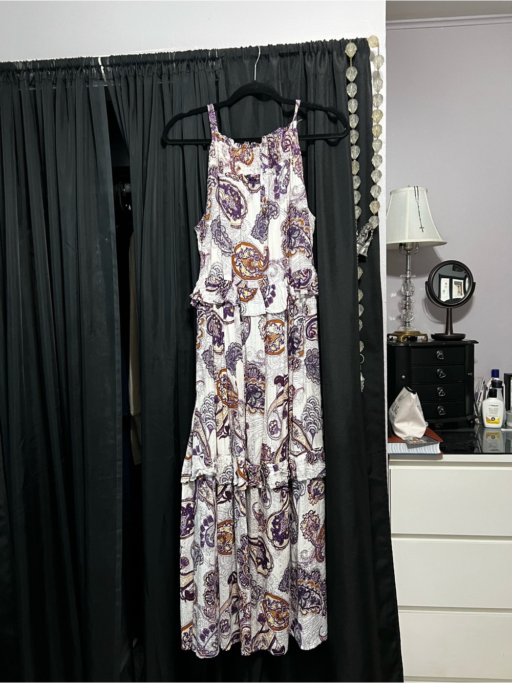 Tiered Paisley Maxi Dress in White and Purple
